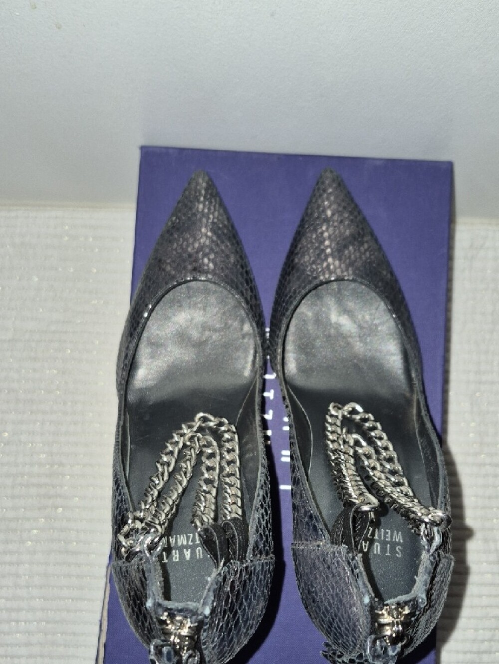 Stuart Weitzman Black Textured Pointed-Toe Pumps with Silver Chains - Picture 5 of 12